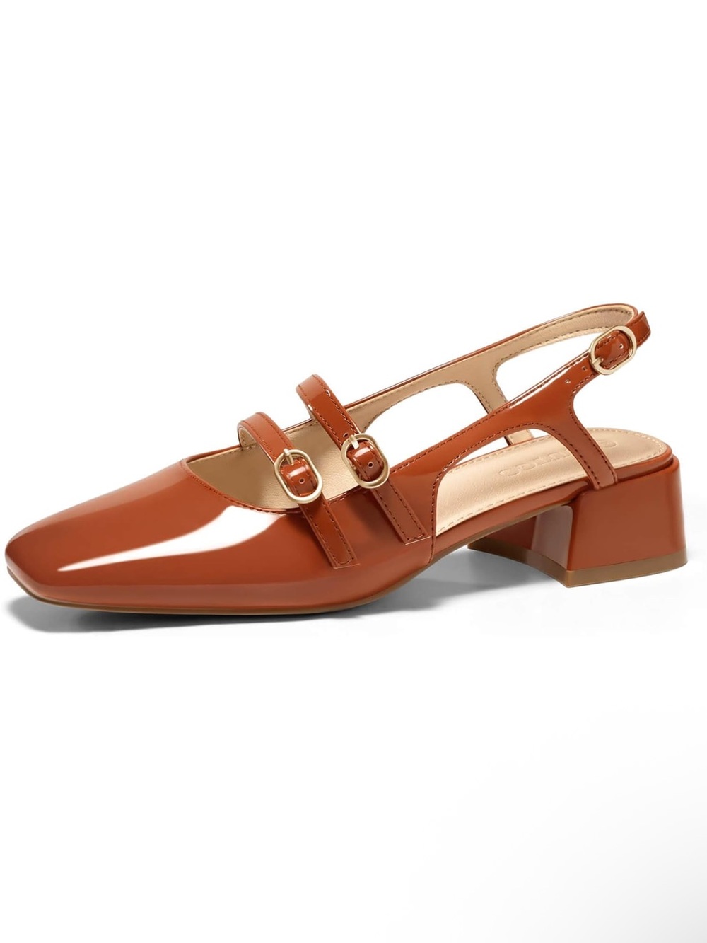 NewBella Women's Patent Slingback Low Block Heel in Cognac
